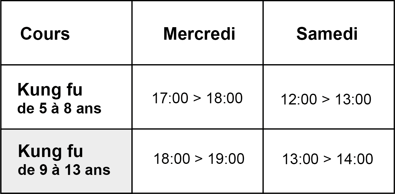 Horaires cours enfants MSG 